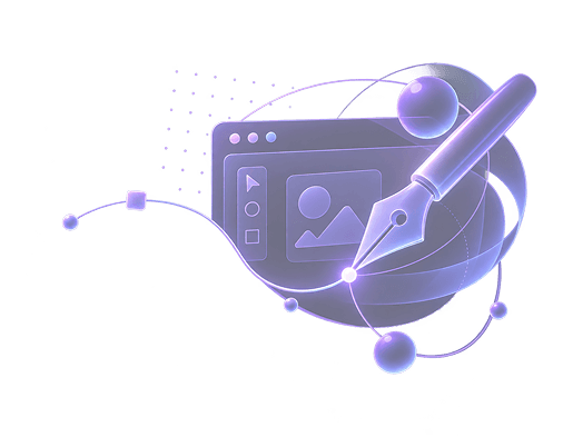 Pen tool and floating elements showing interface design